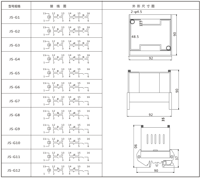 JS-G9端子排靜態時間繼電器內部端子外引圖及安裝開孔尺寸圖片